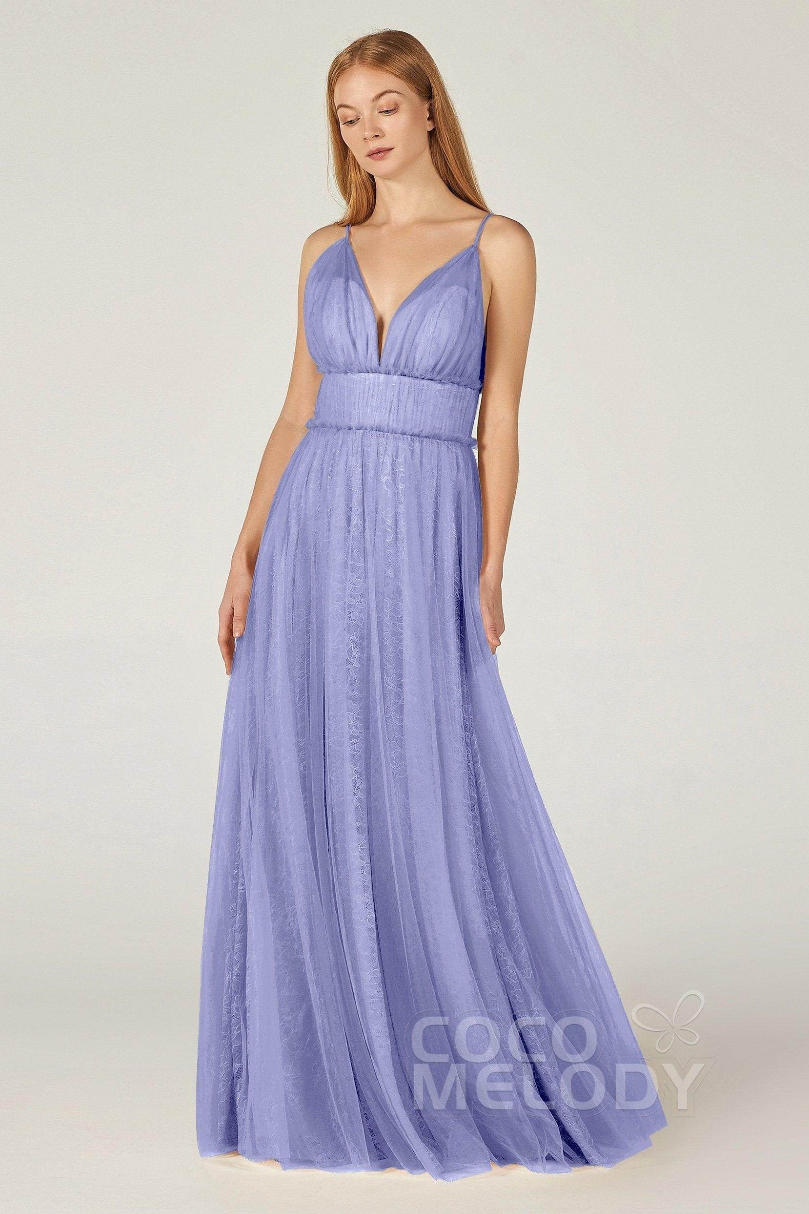 A-Line Floor Length Tulle Lace Bridesmaid Dress CB0374 - COCOMELODY